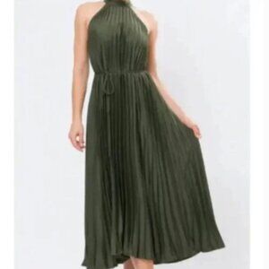 Rose Velvet Pleated Sleeveless Sport Cut Midi Dress in Forest Green Size…